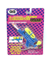 Load image into Gallery viewer, LARAMI Super Soaker mini keychain packaging front view with blue, yellow, and pink colors.
