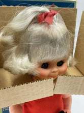 Load image into Gallery viewer, Detail close-up of the 1967 Mattel Walk n Play doll's face with blonde hair and big eyes.
