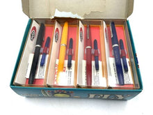Load image into Gallery viewer, Walker Fly vintage fountain pen set with various pens in colorful packaging.
