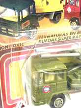 Load image into Gallery viewer, Mira Military Truck 1:64 packaging view showcasing vibrant graphic design.
