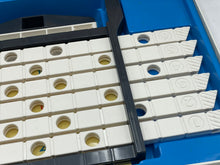 Load image into Gallery viewer, Detail close-up of a blue xylophone featuring golden resonators and wooden bars.
