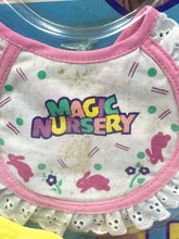 Load image into Gallery viewer, Close-up of the bib design featuring frilly edges and colorful text.
