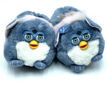 Load image into Gallery viewer, Front view of blue Vintage Furby Slippers with glasses and fluffy texture.
