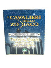 Load image into Gallery viewer, Original Saint Seiya trading cards packaging featuring Cavalieri dello Zodiaco in blue, white, and gold.
