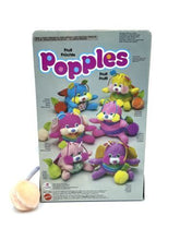 Load image into Gallery viewer, Front view of Mattel Popples Fruit Peach plush toy displaying a smiling face and colorful stripes.
