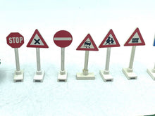 Carica l'immagine nel visualizzatore di Gallery, LEGO 939 front view of various shaped traffic signs with wooden bases in red and white.
