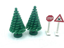 Carica l'immagine nel visualizzatore di Gallery, LEGO 939 front view of two green trees, a stop sign, and a warning sign in red and white.
