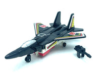 Load image into Gallery viewer, Transformers G1 Air Raid detail close-up of the black, red, and yellow fighter jet.
