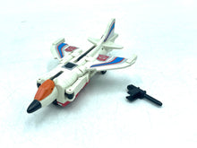 Load image into Gallery viewer, Takara GiG Transformers G1 Slingshot detail view showing white, orange, and blue toy airplane.
