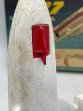 Load image into Gallery viewer, Detail view of Mettoy airplane tail piece with red detail.
