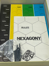 Load image into Gallery viewer, Detail view of Avalon Hill Hexagony game box showing hexagon design and instruction manual.
