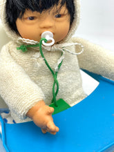 Load image into Gallery viewer, Close-up of Vintage Sebino Ciccinobello Bimbo Giallo's hand detail with pacifier.
