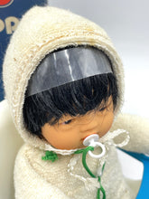 Load image into Gallery viewer, Close-up detail of Vintage Sebino Ciccinobello Bimbo Giallo with hooded outfit and pacifier.
