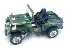 Load image into Gallery viewer, Front view of the military toy vehicle highlighting its detailed wheels and military design.
