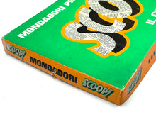Load image into Gallery viewer, 1967 scoop! board game box edge detail with slightly worn text in green and orange.
