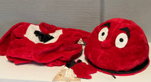 Load image into Gallery viewer, Red plush hat detail view featuring large eyes and smiling mouth.

