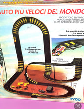 Load image into Gallery viewer, Detail close-up of the track layout diagram with car illustrations in blue, yellow, and red.
