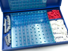 Load image into Gallery viewer, Detail view of a blue storage box with a transparent lid and various compartments.
