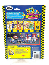 Carica l'immagine nel visualizzatore di Gallery, Back view of the Tyco GiG Incredible Crash Test Dummies Spin Racing Car showcasing character lineup and backstory.
