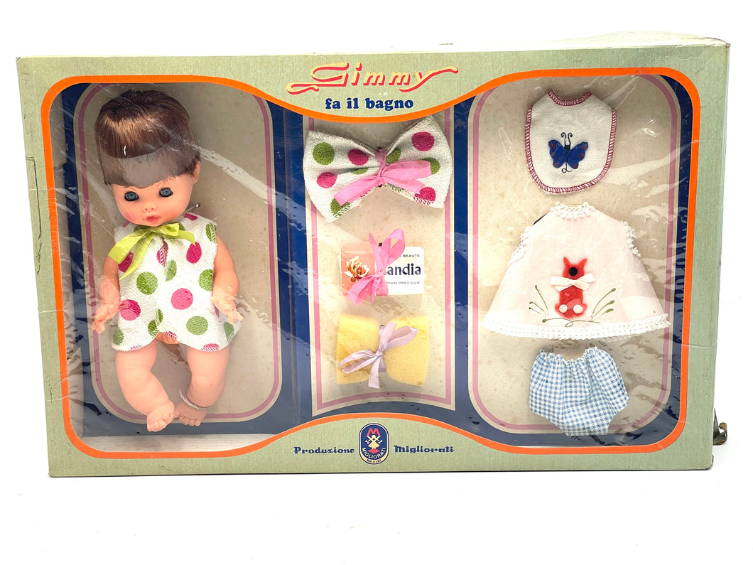 Bambola Migliorati vintage anni '60 Gimmy fa il bagno, nuova, vecchio stock
