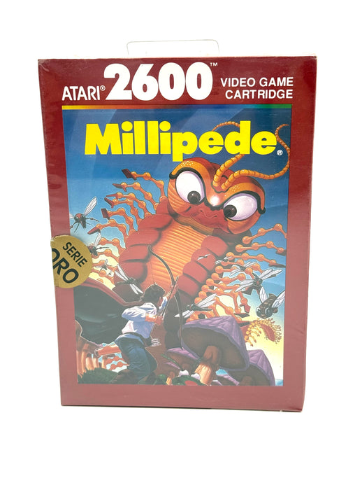 Front view of sealed Atari 2600 Millipede game cartridge from 1987
