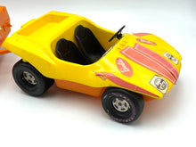 Load image into Gallery viewer, Close-up detail showing scratches and fabric wear on Barbie buggy and trailer tent

