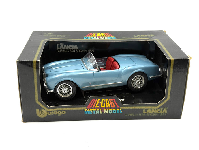 Front view of BBurago 1955 Lancia Aurelia B24 Spider blue die-cast 1/18 model boxed