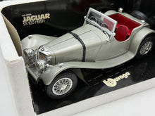 Load image into Gallery viewer, Close-up showing details and vintage wear on BBurago Jaguar SS 100 boxed model
