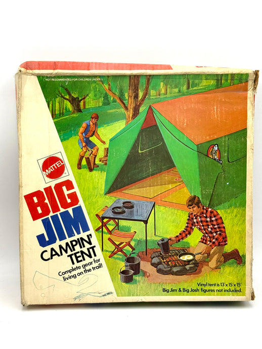 Front view of 1972 Mattel Big Jim Camping Tent playset with accessories