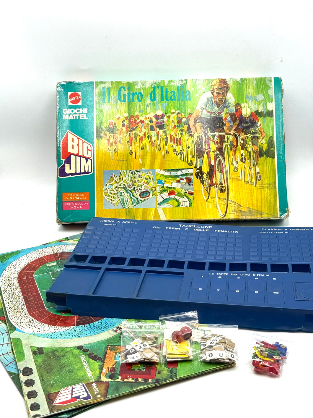 Contents of 1977 Big Jim Giro d’Italia board game by Mattel