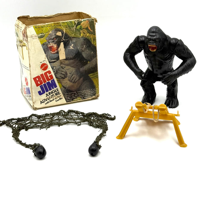 Front view of 1973 Mattel Big Jim Jungle Adventure set with gorilla and accessories