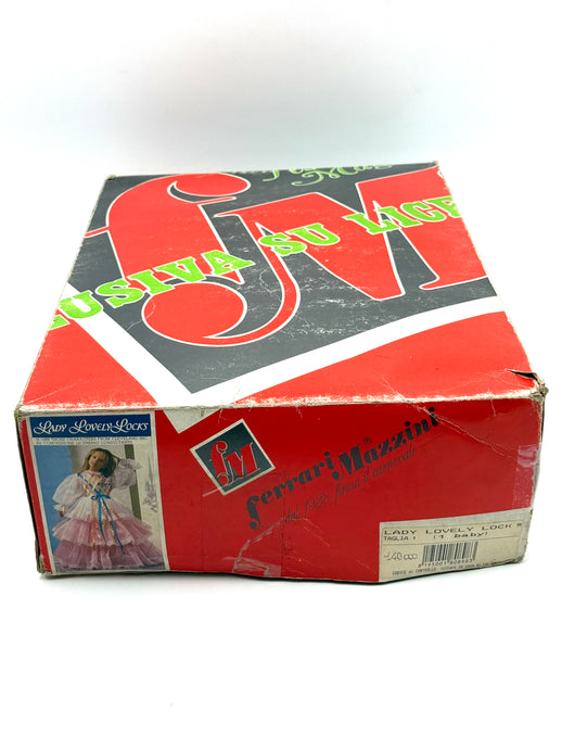 Front view of vintage Lady Lovely Locks costume by Mattel/Ferrari & Mazzini, still boxed and dusty
