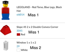 Carica l&#39;immagine nel visualizzatore di Gallery, List of missing parts for LEGO 362 Windmill 1975 shown in last photo
