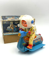 Load image into Gallery viewer, Front view of Masudaya Tin Litho Space Scooter with Astronaut Rider 1960s boxed
