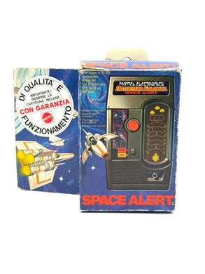 Front view of Mattel Battlestar Galactica Space Alert handheld electronic game with box