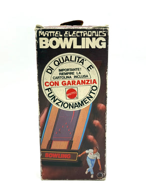 Front view of 1970s Mattel Bowling handheld game with original box