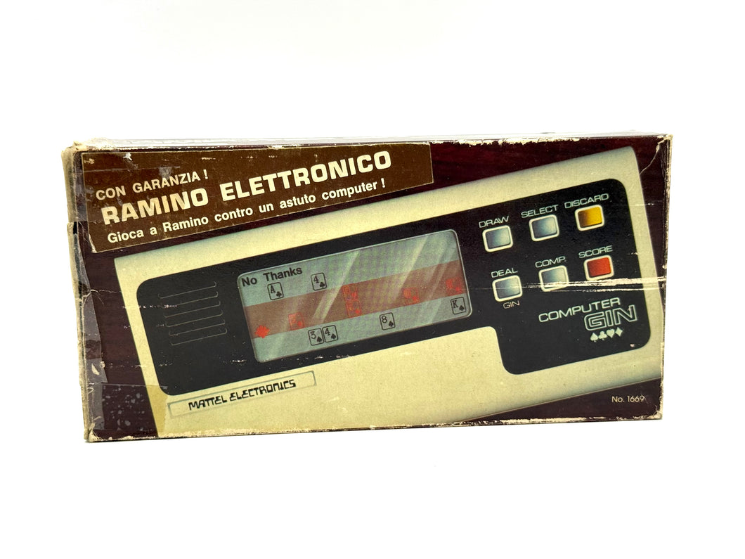 Front view of Mattel Ramino Computer Gin 1976 handheld electronic game