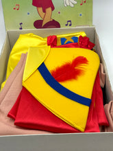 Load image into Gallery viewer, Detail view of hat and blue bow tie from vintage Pinocchio outfit

