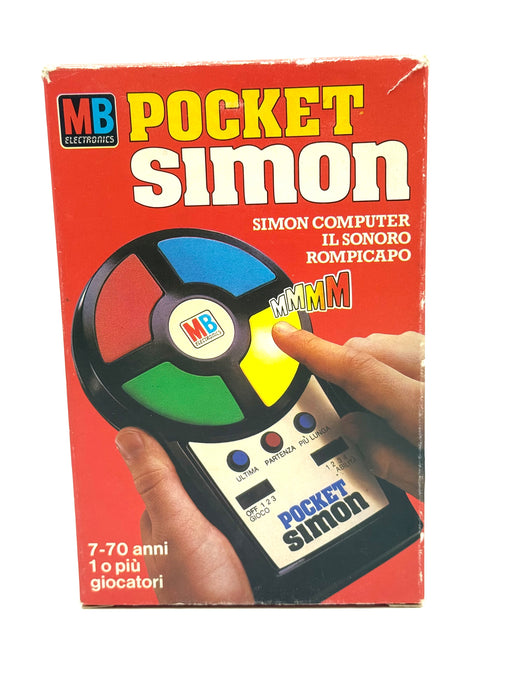 Front view of Pocket Simon 1980 Milton Bradley Red Box Edition vintage electronic game
