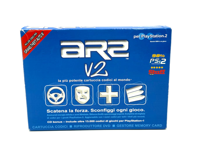 Front view of Action Replay 2 V2 AR2 cheat system for PlayStation 2 boxed