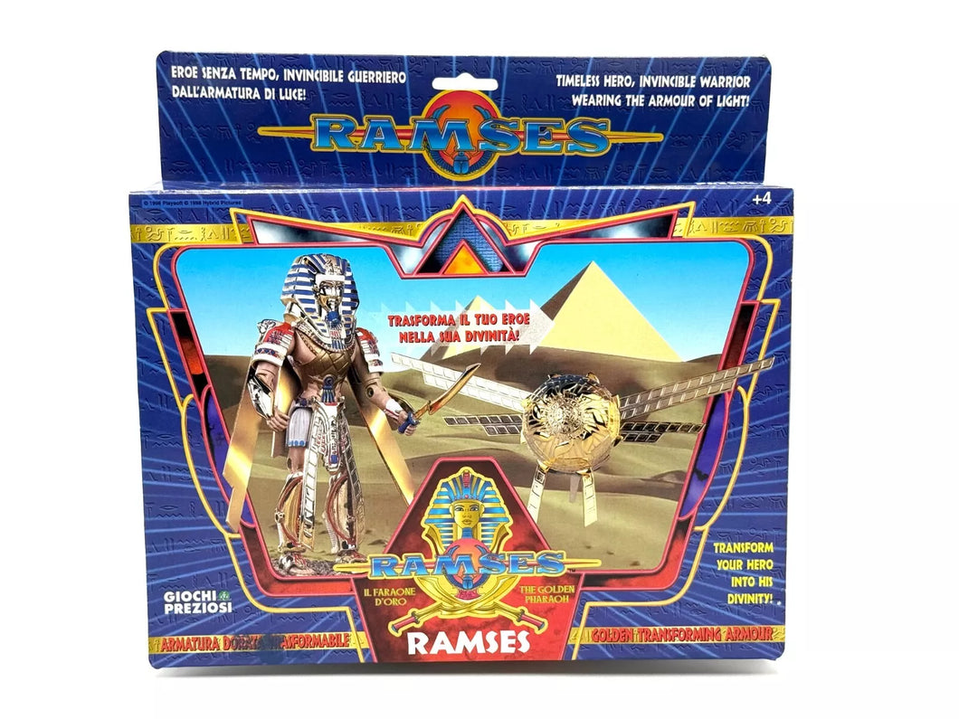 Front view of vintage Ramses Golden Pharaoh action figure in original sealed packaging


