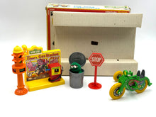 Load image into Gallery viewer, Close-up showing condition details of Sesame Street Motorbike Playset Knickerbocker 1976
