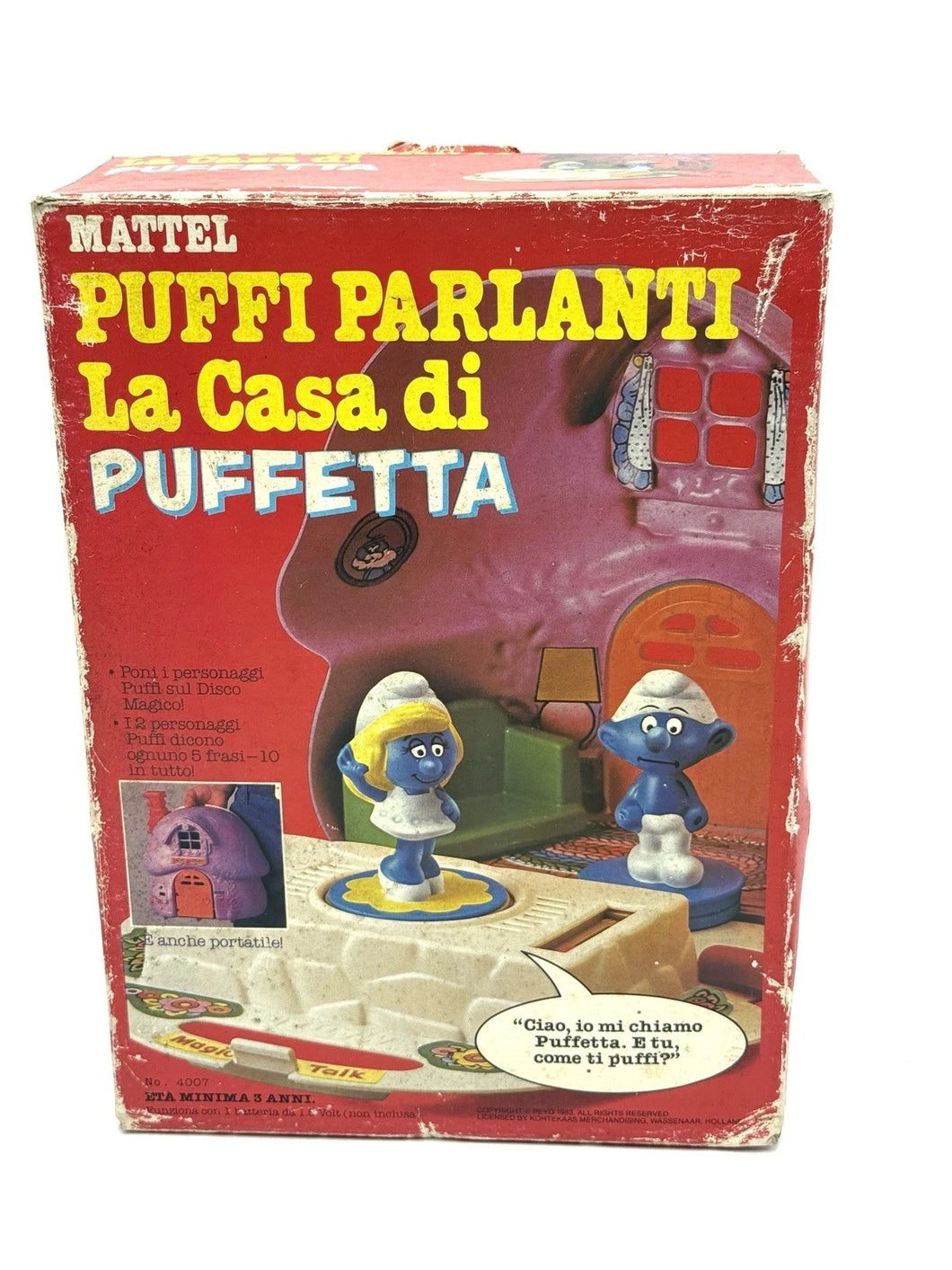 Vintage wear close-up of 1980s Smurfette’s House Puffi Parlanti