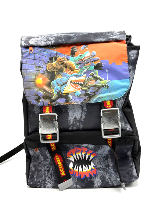 Front view of the Street Sharks 1996 backpack by Mattel with bold graphics
