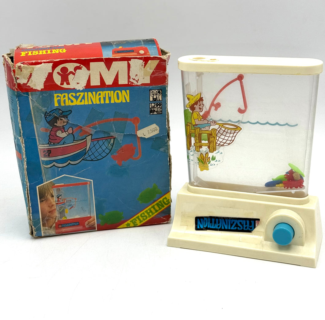 Front view of 1976 Tomy Water Games Fishing toy with box